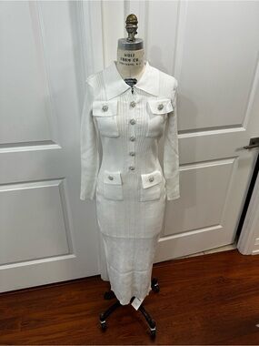 Tailored White Long-Sleeve Button-Front Knit Dress
